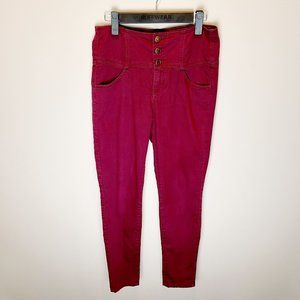 High Waisted Button Fly Burgundy Stretchy Skinny Jeans
